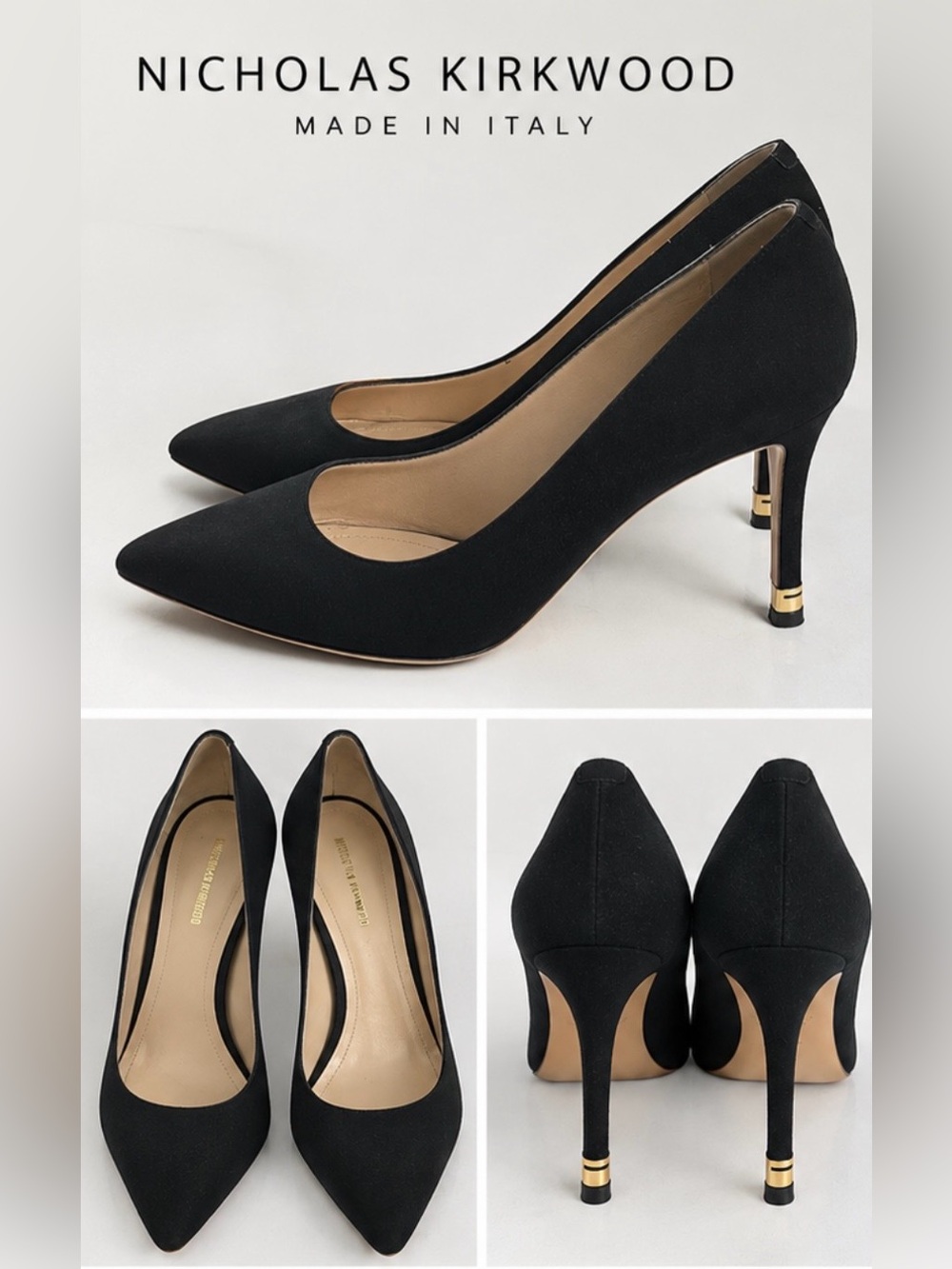 Nicholas Kirkwood Black Suede Pointed Pumps with Gold Heel Accent Made in Italy